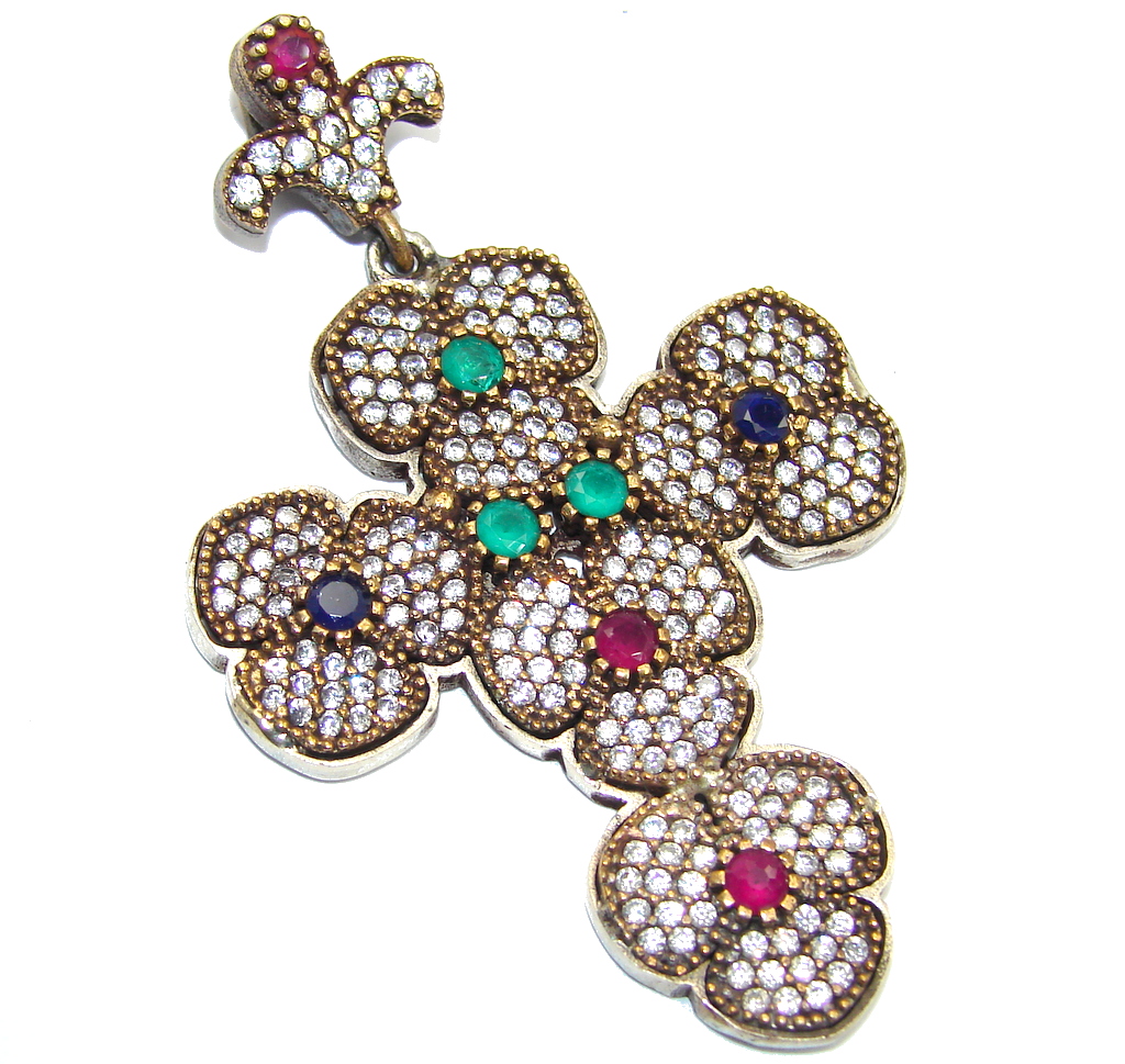 Victorian Style Pink Ruby Sterling Silver Pendant / Cross