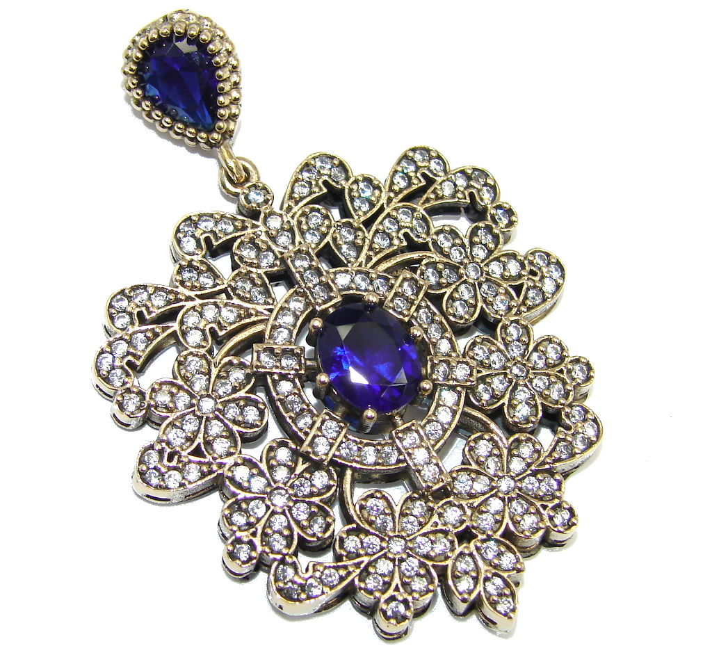 Victorian Style Created Blue Sapphire & White Topaz Sterling Silver Pendant