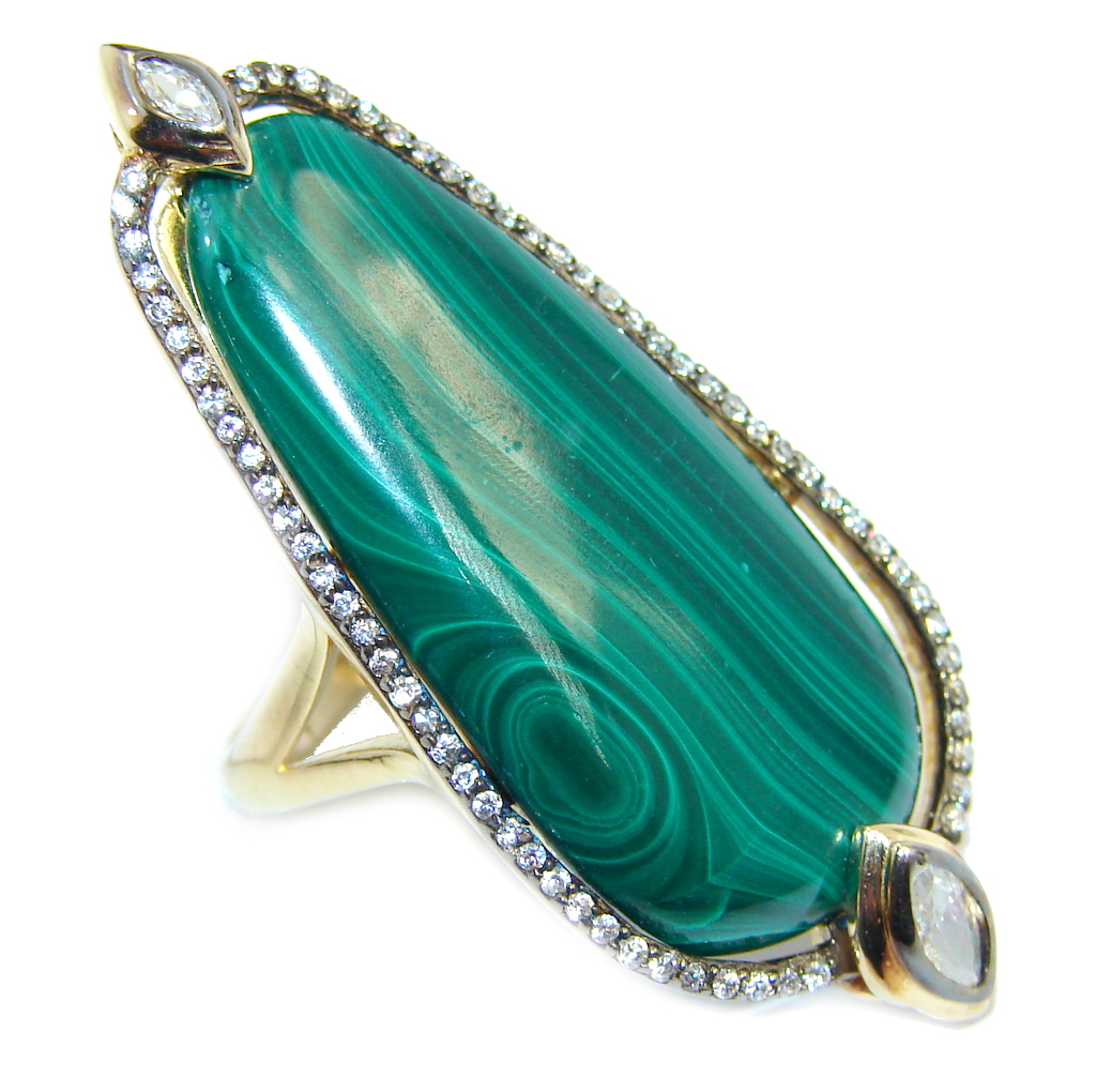 Beautiful AAA Green Malachite & White Topaz Gold PLated Sterling Silver ring s. 8