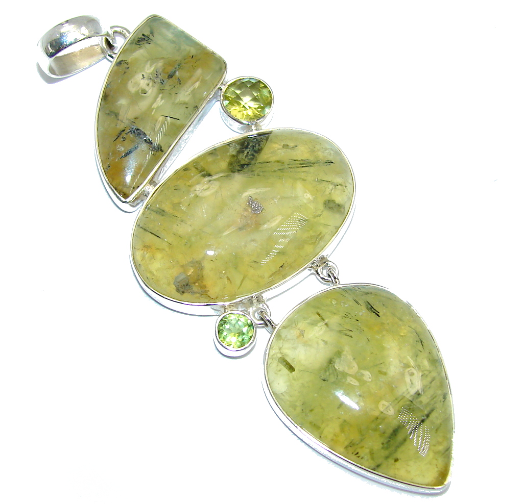 Sublime AAA+ Green Moss Prehnite Peridot Sterling Silver Pendant