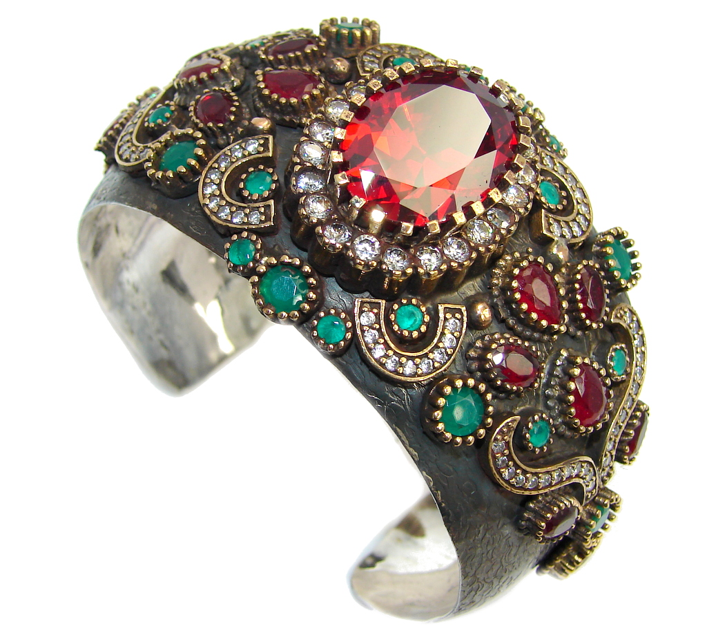 Victorian Style Created Red Ruby & White Topaz Sterling Silver Bracelet / Cuff