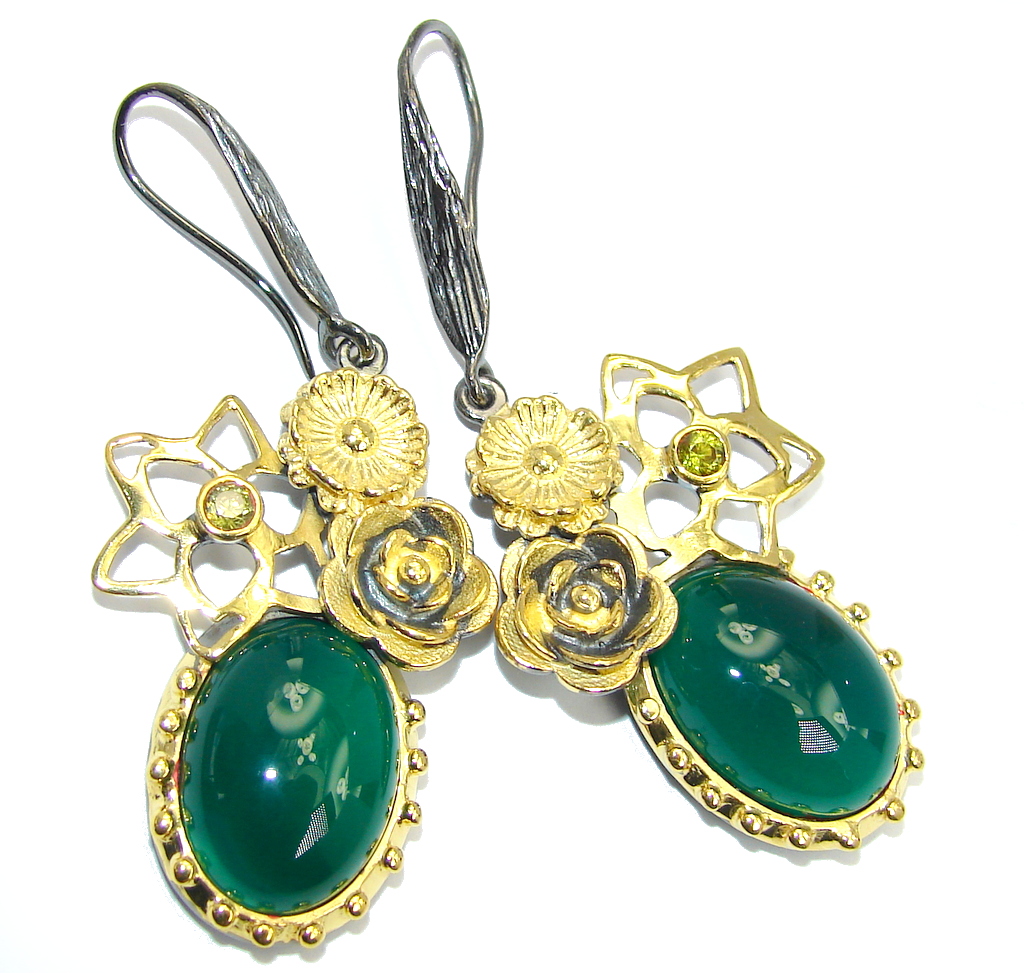 Exclusive Design Agate & Peridot Gold Rhodium Plated Sterling Silver earrings