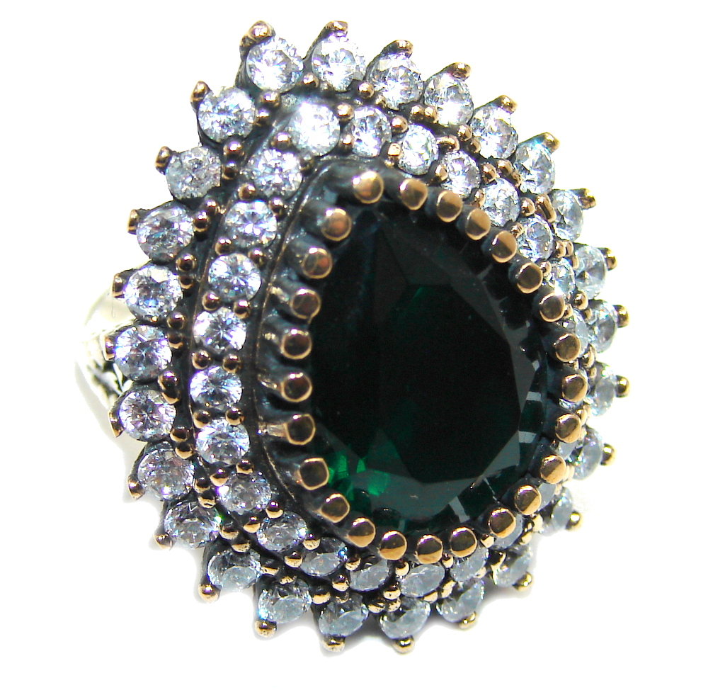 Victorian Style created Emerald & White Topaz Copper over Sterling Silver ring; s. 6 1/2