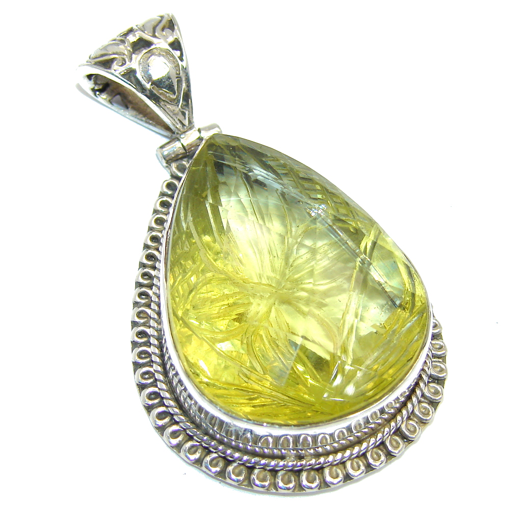 Carved Flower created Citrine Sterling Silver Pendant