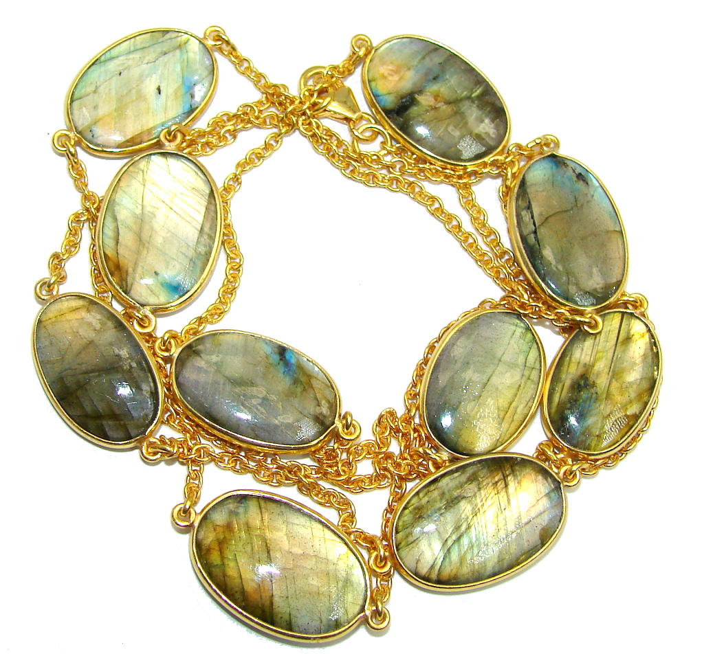 36 inches Genuine Fire Labradorite Gold over Sterling Silver Necklace