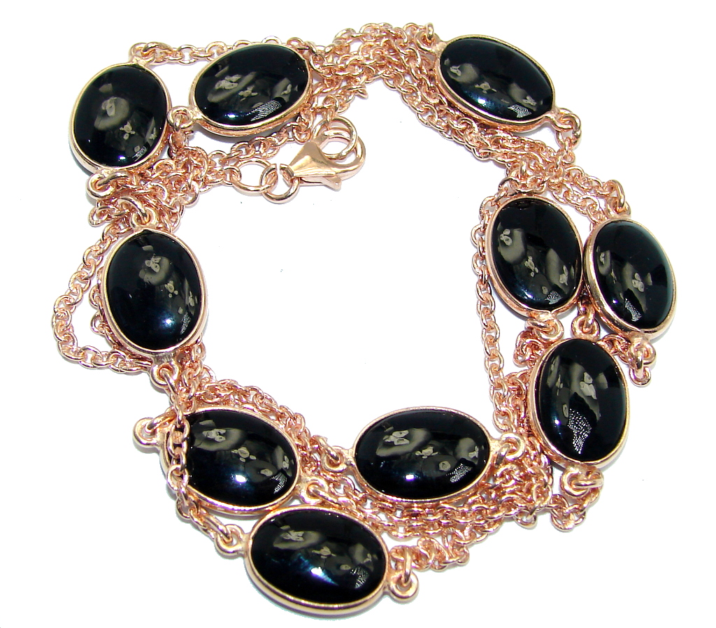 36 inches Genuine Onyx Rose Gold over Sterling Silver Necklace