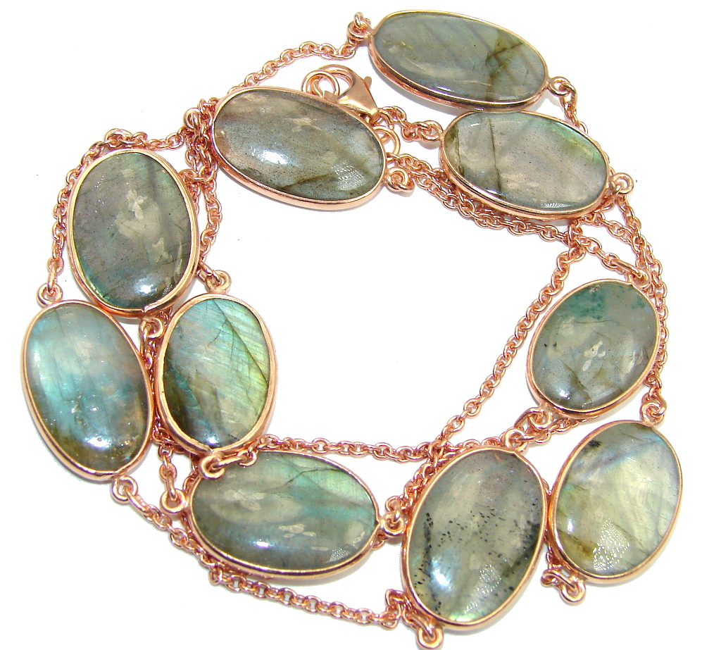 36 inches Genuine Fire Labradorite Rose Gold over Sterling Silver Necklace