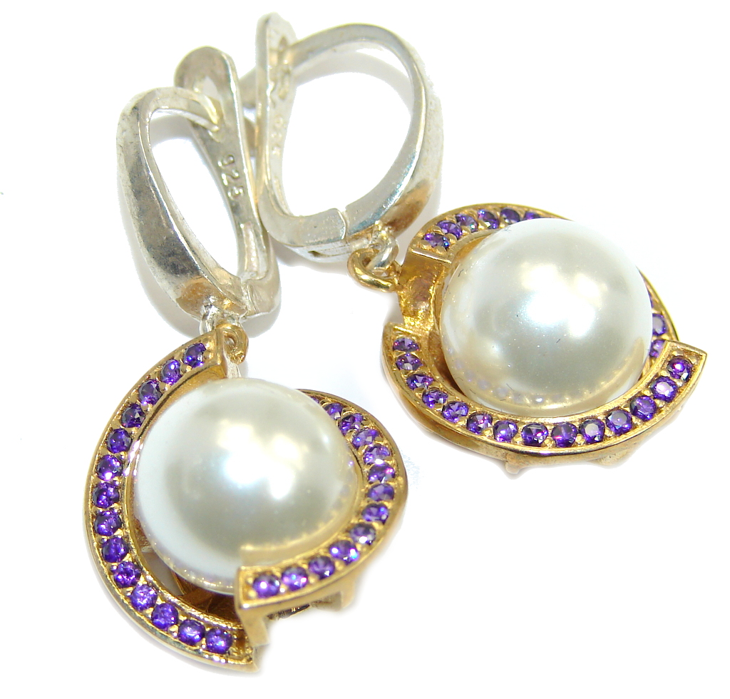 Fresh Water Pearl created Sapphire copper plated over Sterling Silver earrings