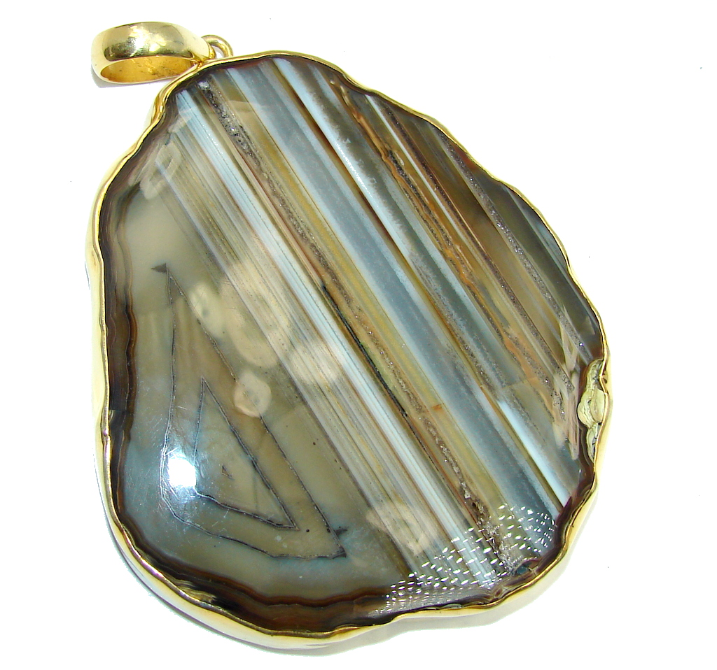 73.3 grams Classic Botswana Agate Gold plated Sterling Silver Pendant