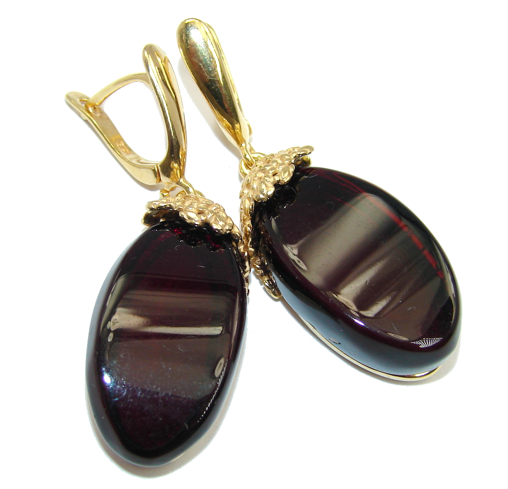 Genuine Dark Cherry Baltic Polish Amber Gold over Sterling Silver Earrings