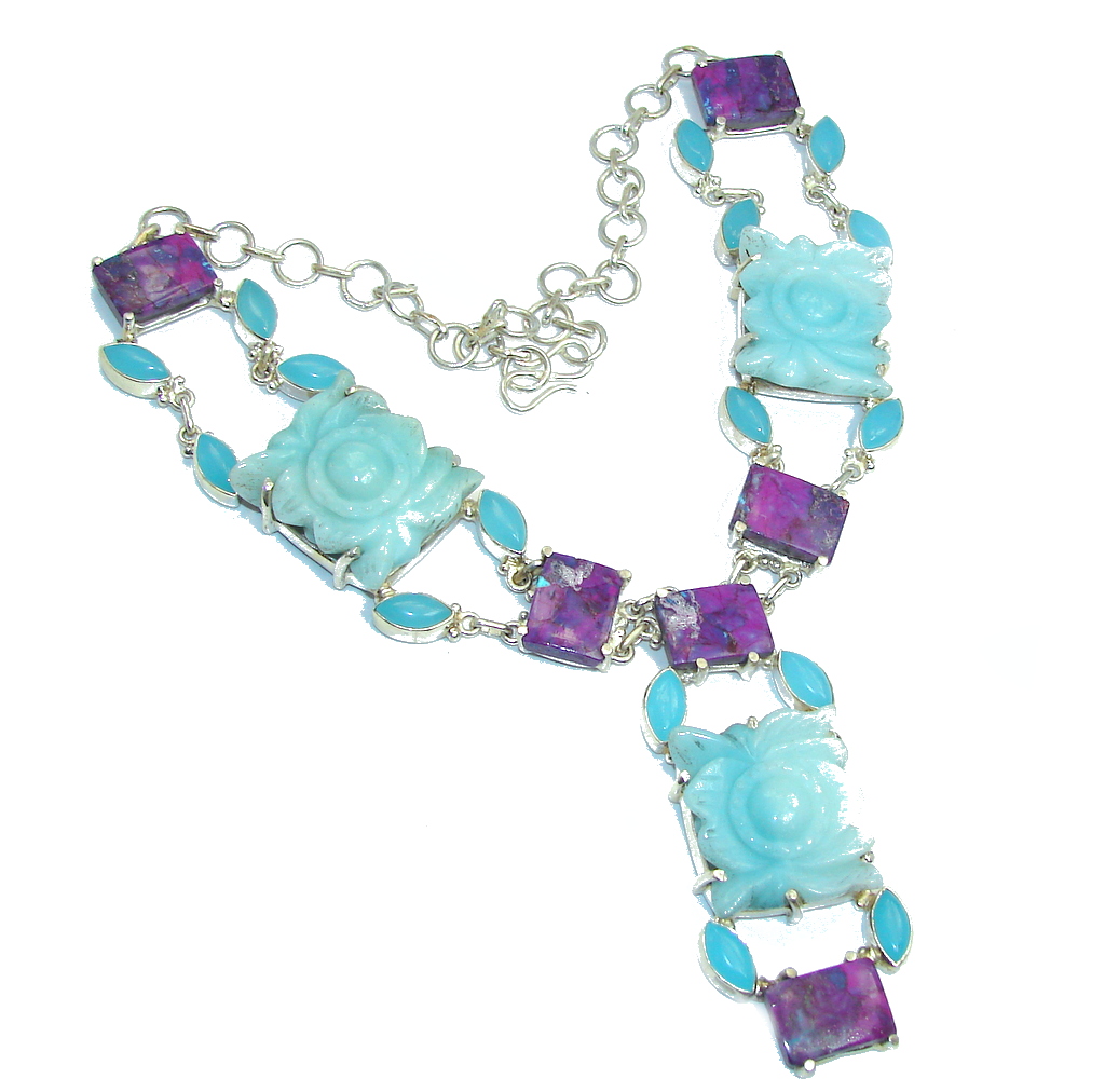 One of the kind Huge Angel Blue Carved Jade Sterling Silver necklace
