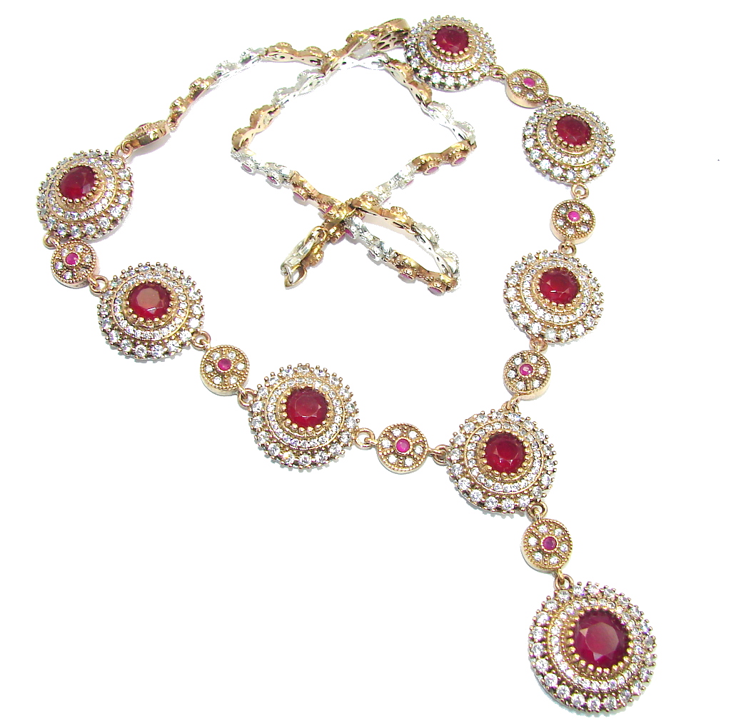 Elegant Victorian Style created Ruby & White Topaz copper over Sterling Silver necklace