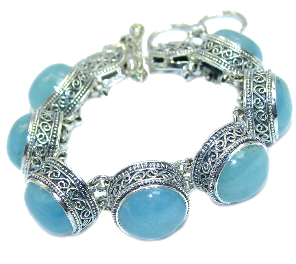 Vintage Design Ocean Beauty AAA Genuine Aquamarine Sterling Silver Bracelet