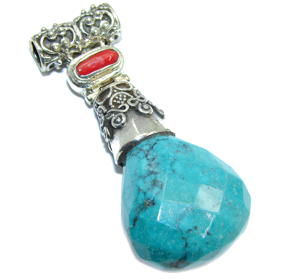 American Blue Turquoise Coral Sterling Silver Pendant