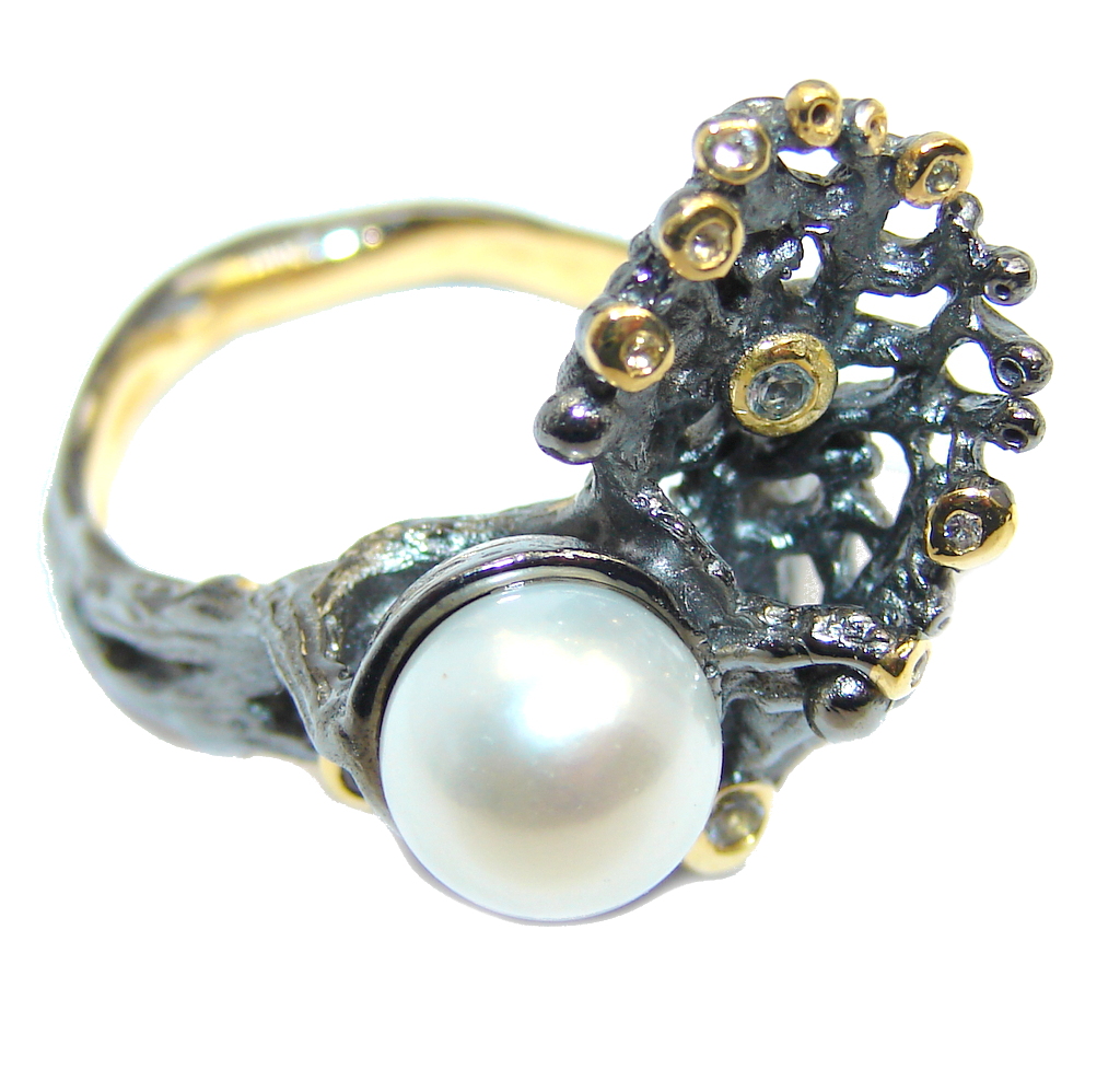 Rich Design Pearl Peridot Italy made Sterling Silver ring s. 7