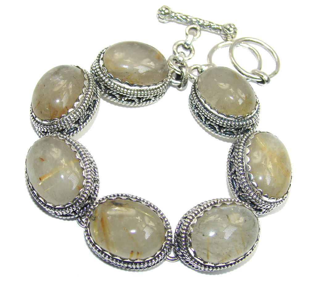 Gorgeous Vintage Designs Golden Rutilated Quartz Sterling Silver Bracelet