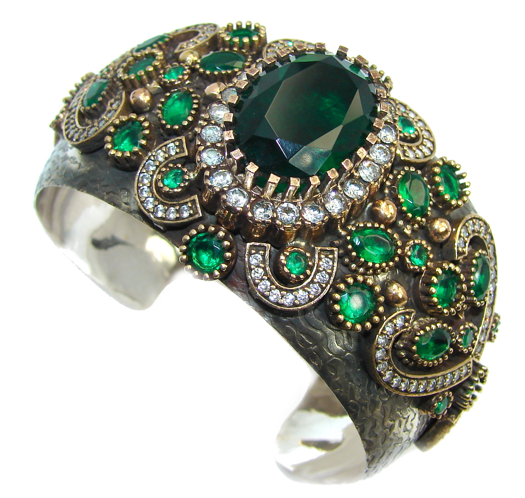 Victorian Style Created Emerald & White Topaz copper covered Sterling Silver Bracelet / Cuff