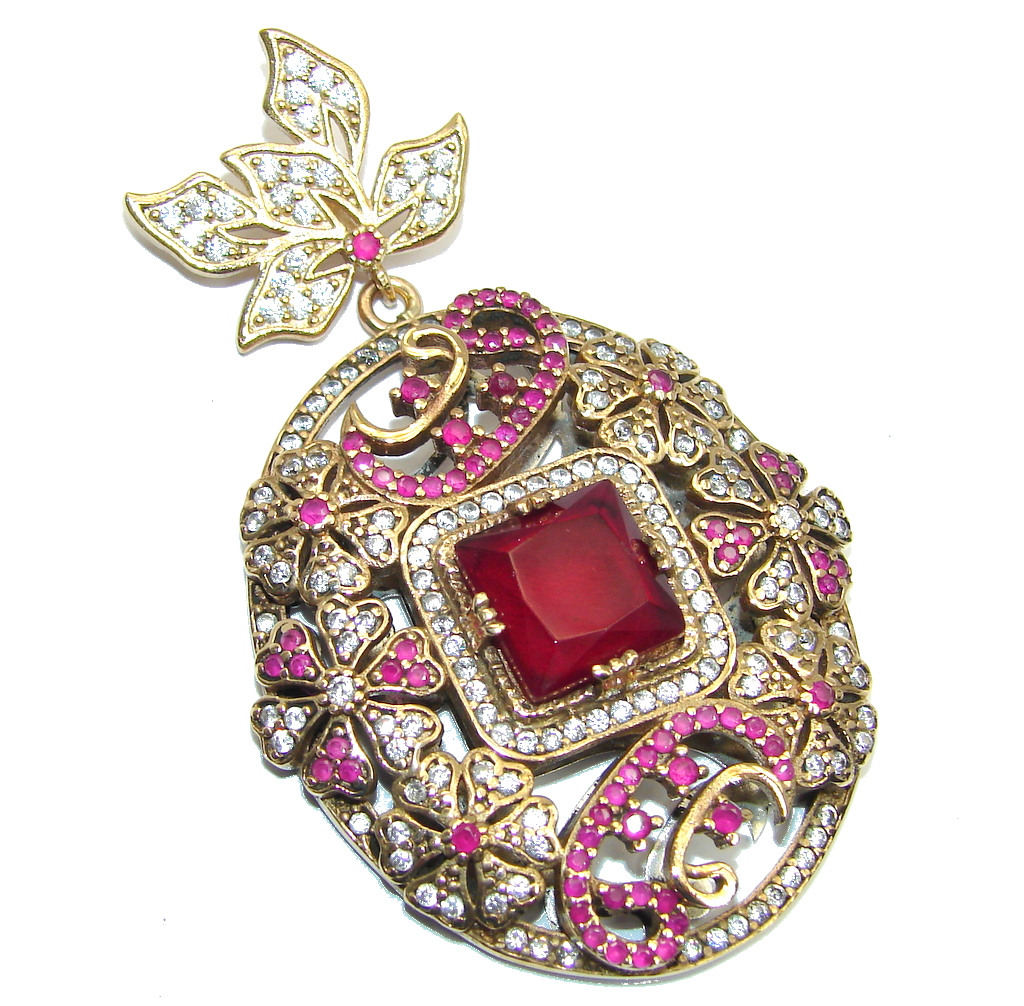 Victorian Style created Ruby & White Topaz copper plated over Sterling Silver Pendant