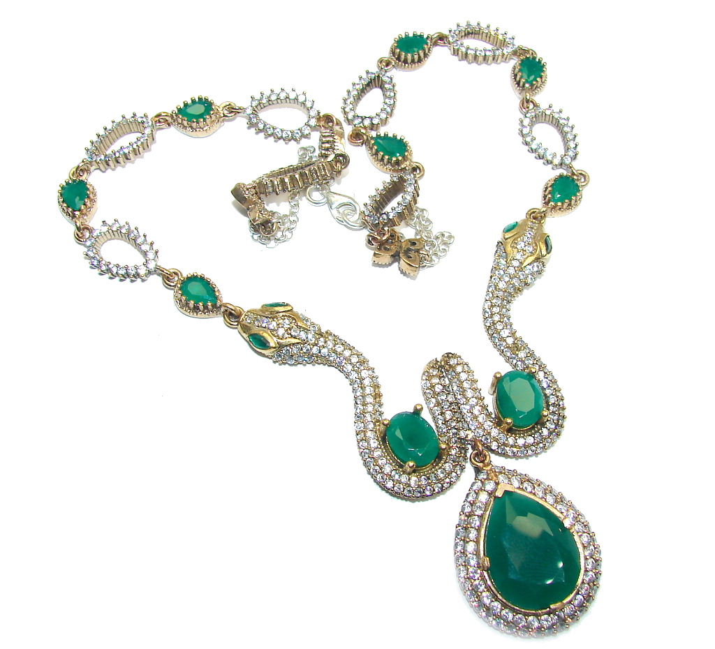 Victorian Style Created Green Emerald & White Topaz Sterling Silver necklace
