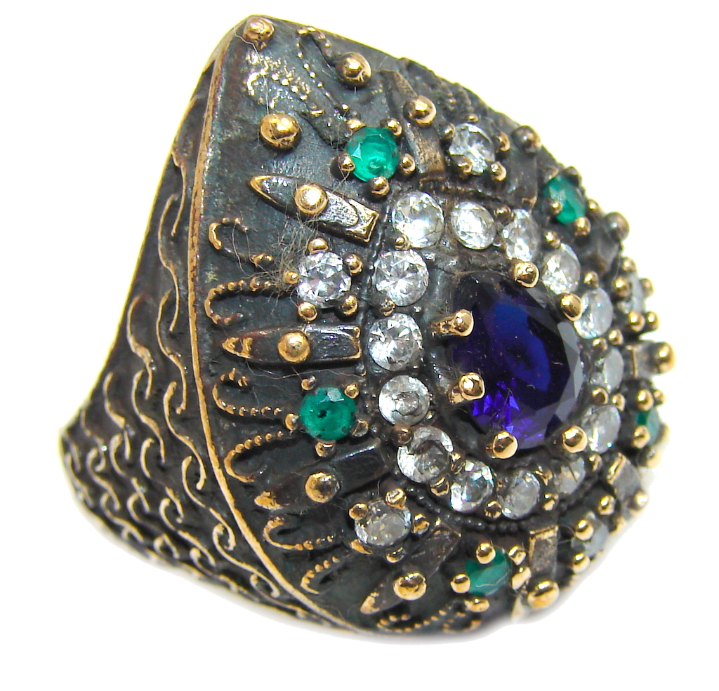 Victorian Style Created Blue Sapphire & White topaz Sterling Silver Ring s. 7