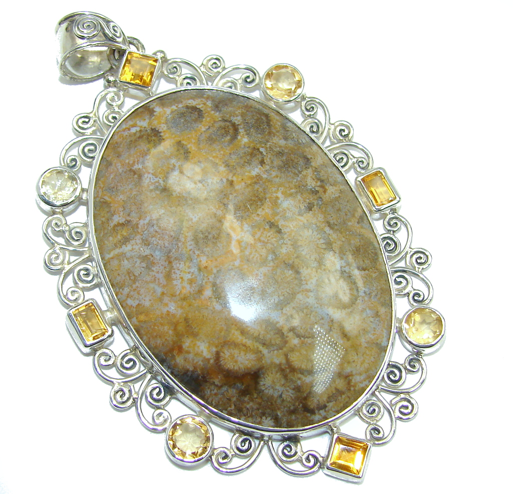 Huge Natural Fossilized Coral Citrine Sterling Silver Pendant