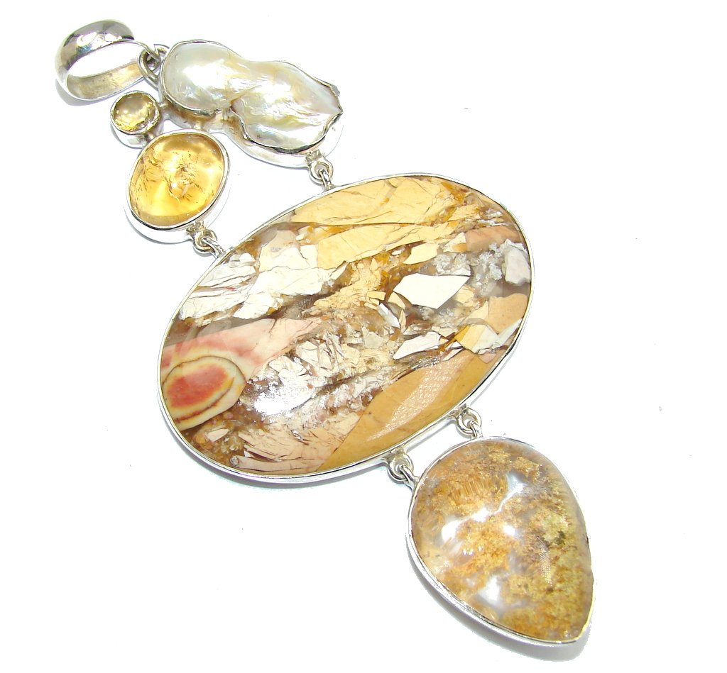 Chunky 4 1/4 inches Australian Brecciated Mookaite Sterling Silver Pendant