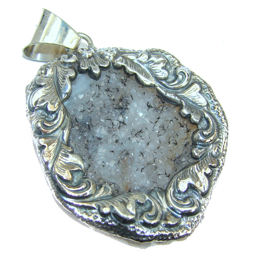 Carved Flower Rough Druzy Citrine Sterling Silver Pendant
