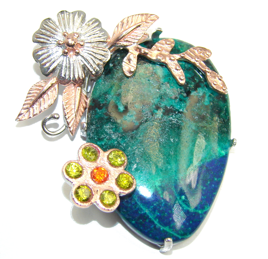Planet Earth Blue Azurite & Emerald Gold plated Sterling Silver Pendant