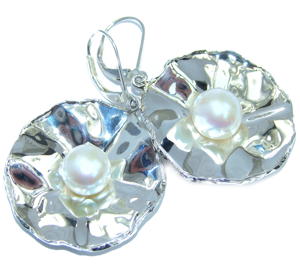 Big Fresh Water Pearl Hammered Sterling Silver earrings