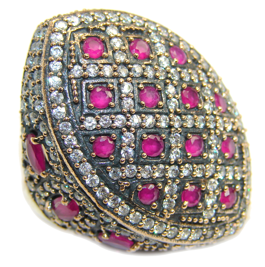 Victorian Style created Ruby & White Topaz Sterling Silver ring; s. 8 1/4