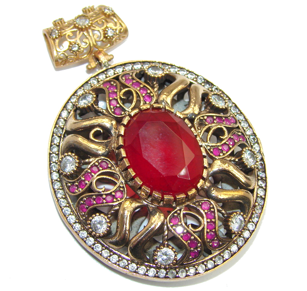 Victorian Style created Ruby & White Topaz copper plated over Sterling Silver Pendant