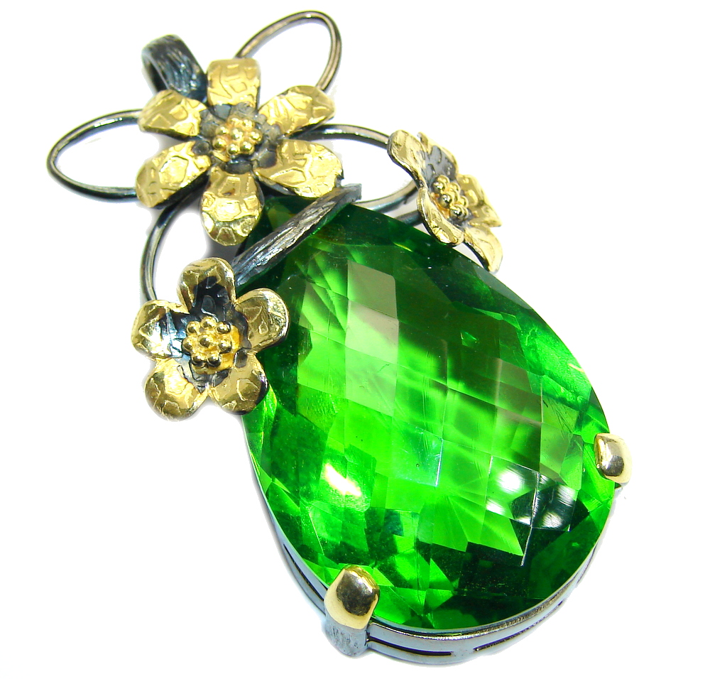 Large created Green Peridot Gold Rhodiul plated over Sterling Silver Pendant