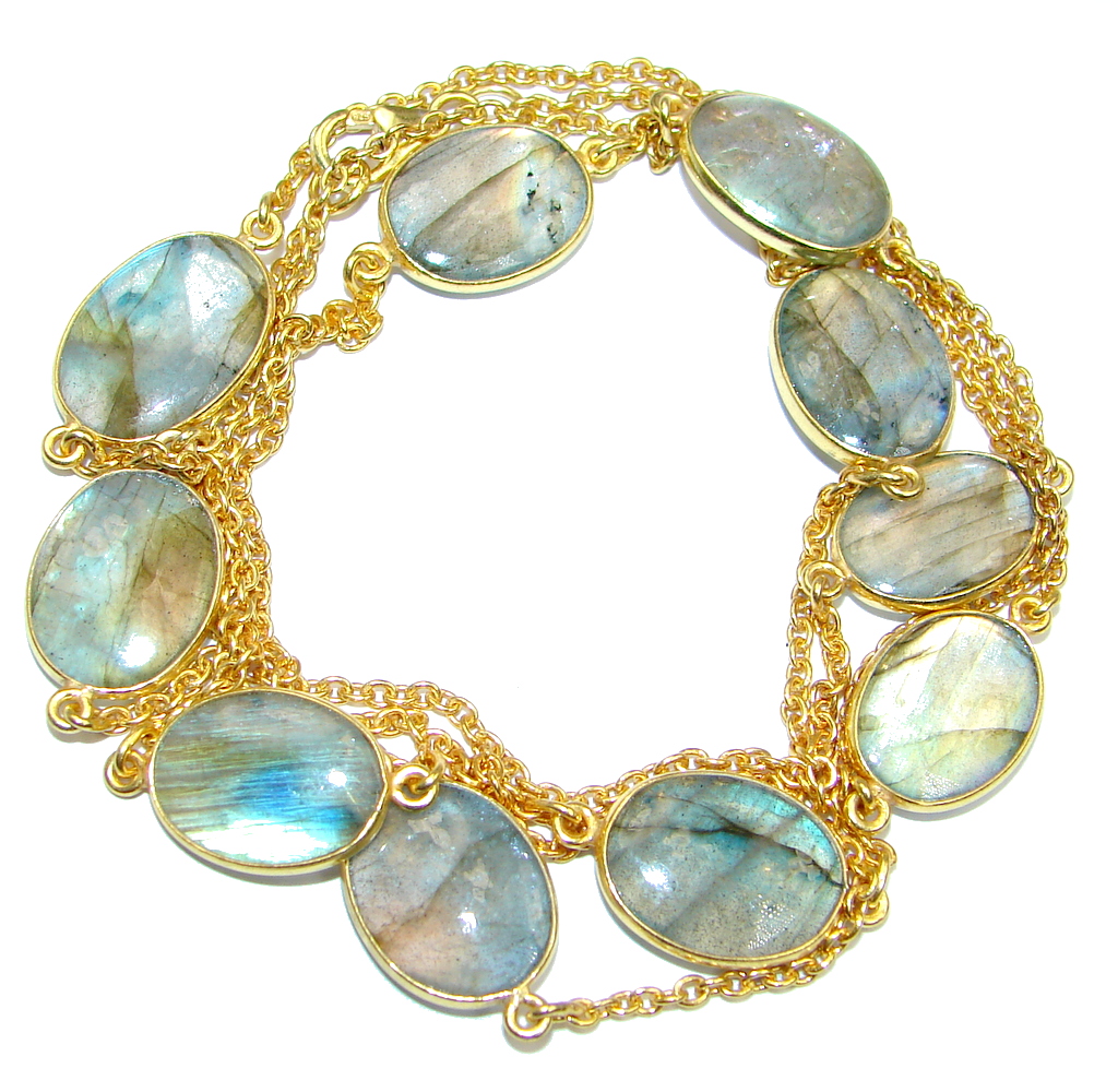 36 inches Genuine Fire Labradorite Gold over Sterling Silver Necklace