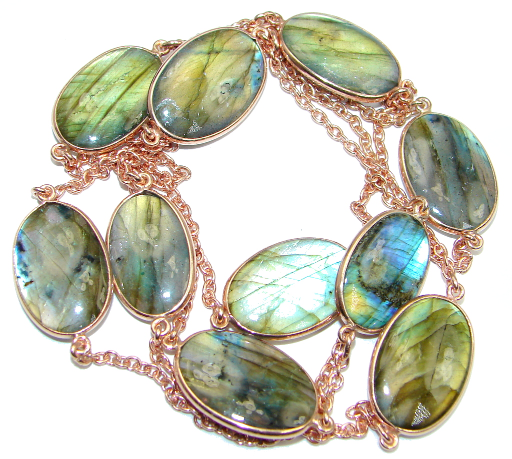 36 inches Genuine Fire Labradorite Gold over Sterling Silver Necklace