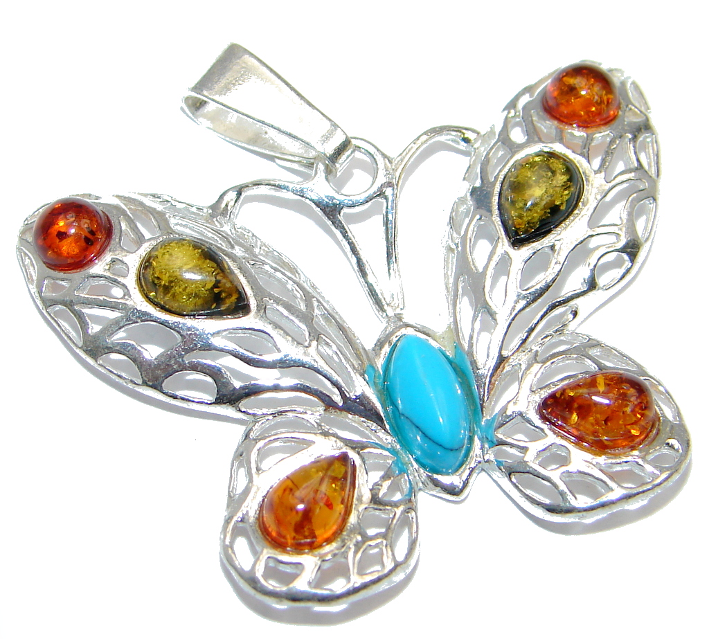 Butterfly Polish Amber & Turquoise Sterling Silver Pendant
