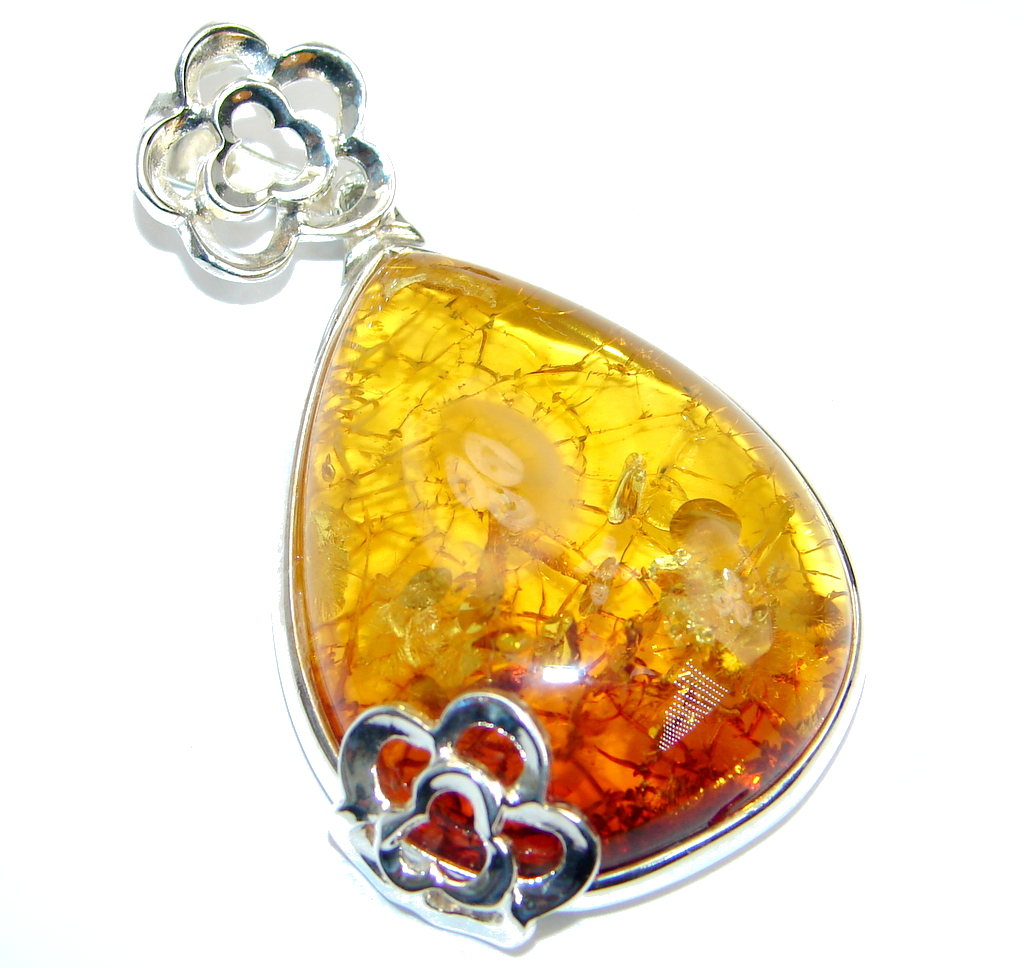 Vintage Design Golden natural Baltic Amber Sterling Silver Pendant