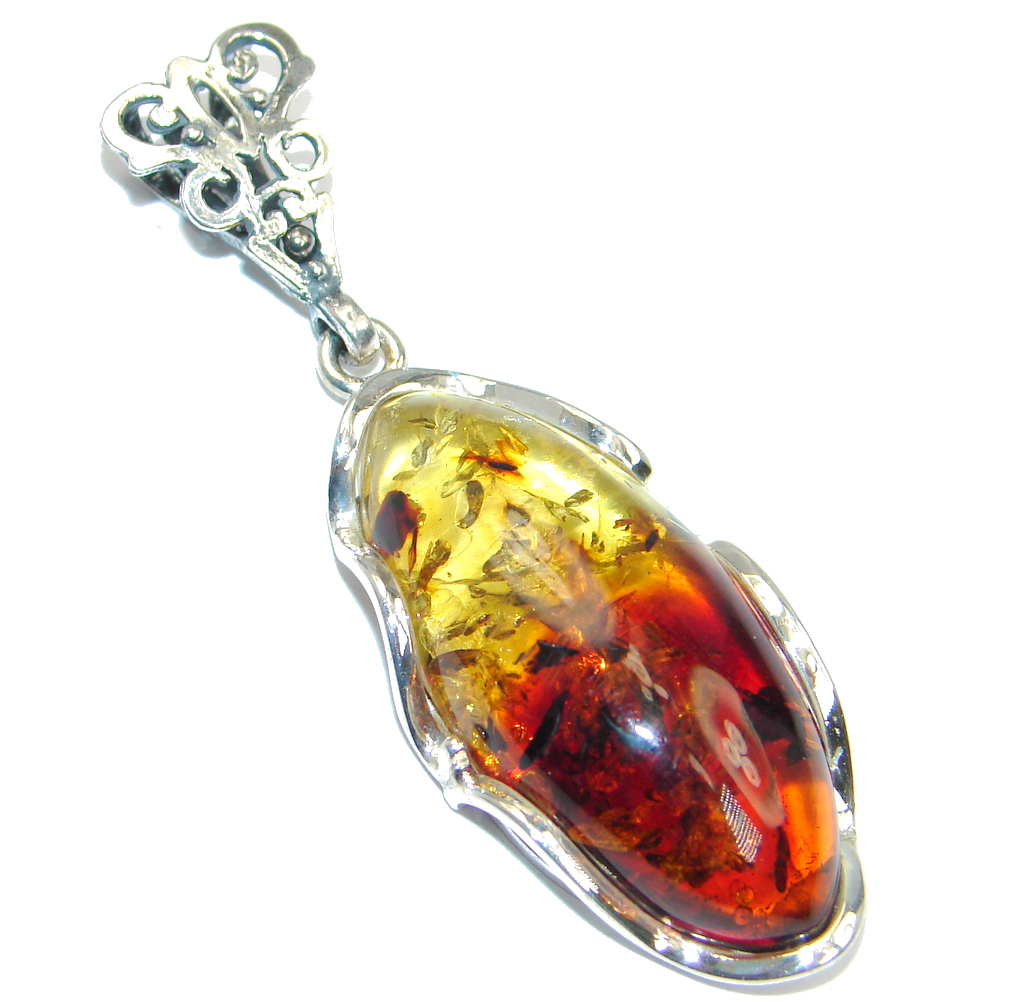 Vintage Design Golden natural Baltic Amber Sterling Silver Pendant