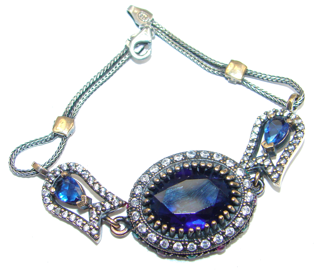 Victorian Style Created Blue Sapphire & White Topaz Sterling Silver Bracelet