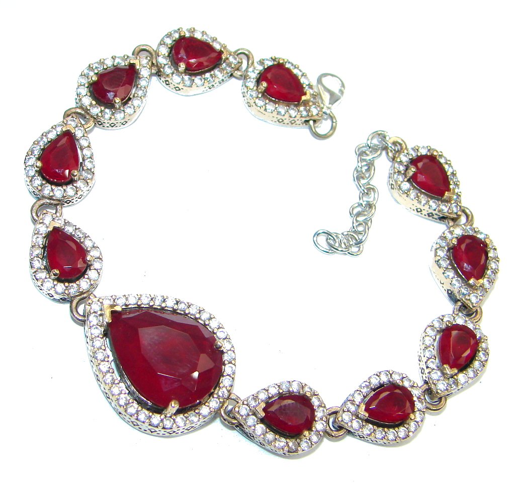 Victorian Style created Red Ruby & White Topaz copper over Sterling Silver Bracelet