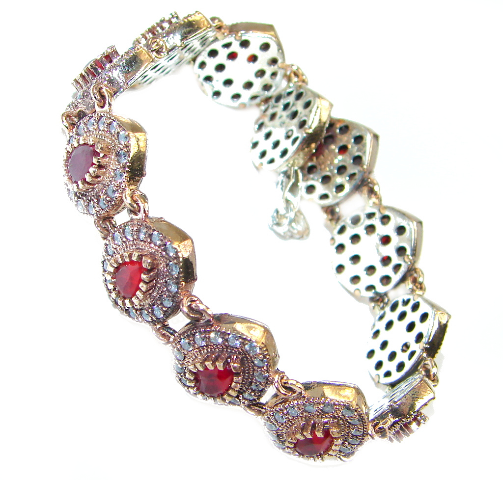 Victorian Style created Ruby & White Topaz copper over Sterling Silver Bracelet