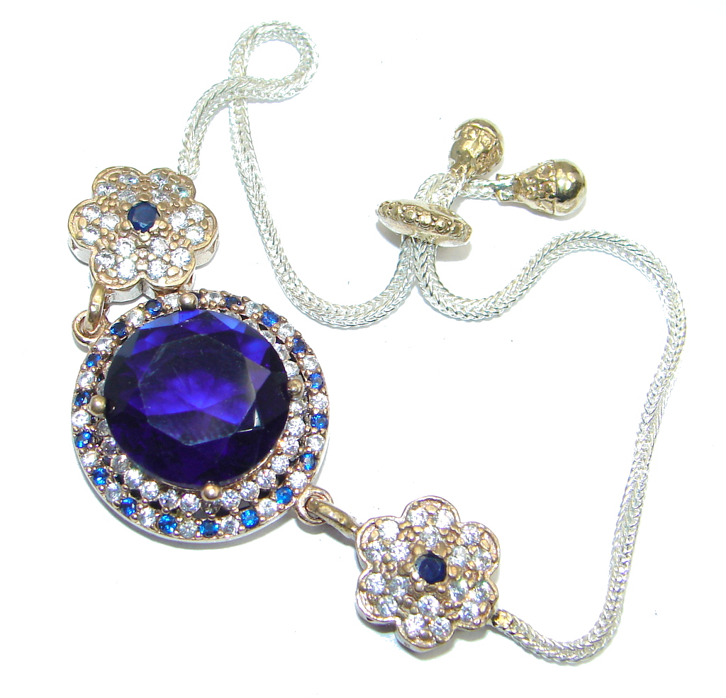 Victorian Style Created Blue Sapphire & White Topaz Sterling Silver Bracelet