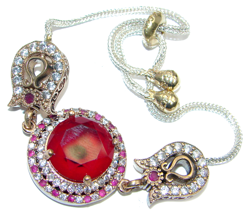 Victorian Style created Ruby & White Topaz copper over Sterling Silver Bracelet