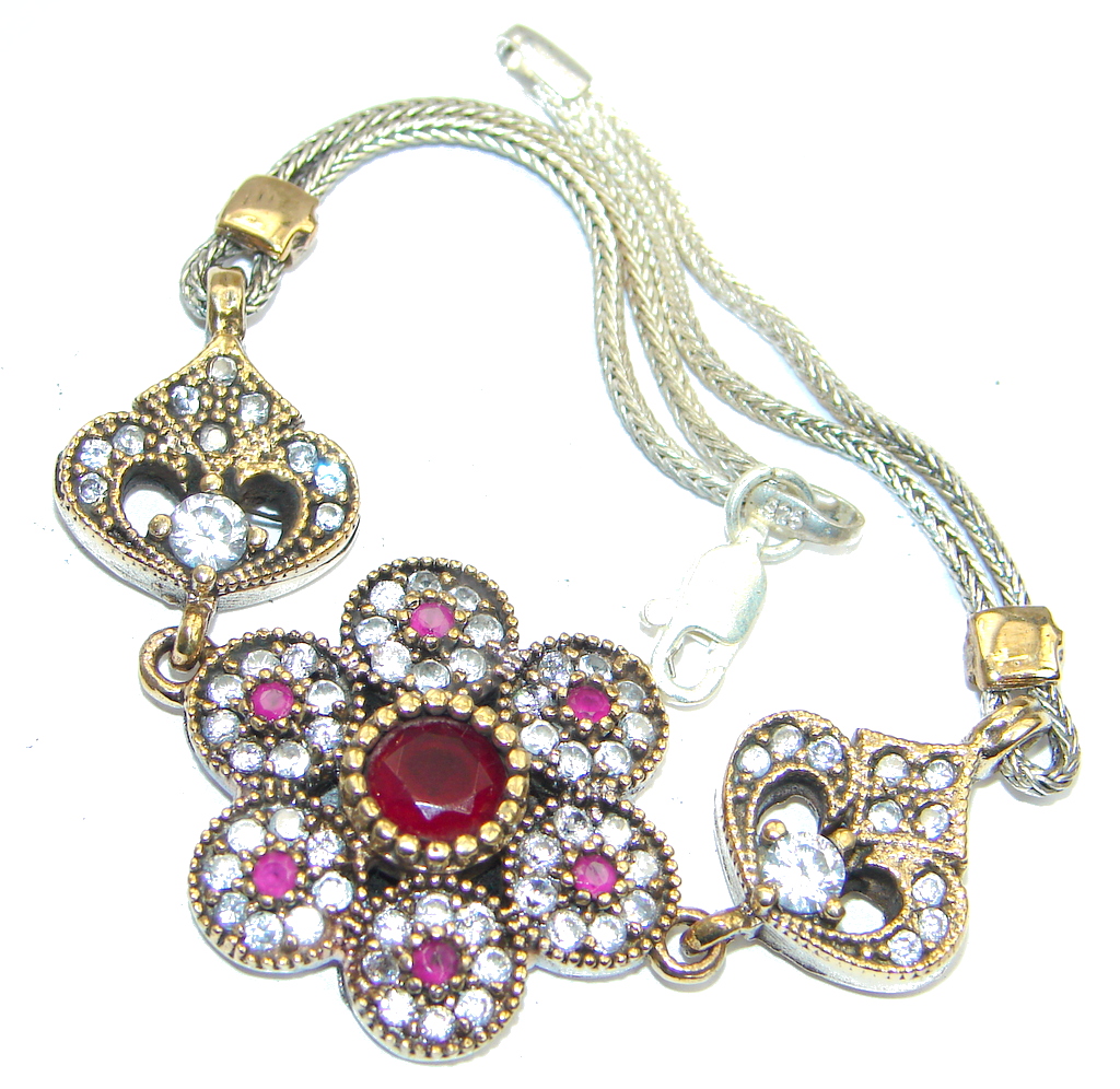 Victorian Style created Ruby & White Topaz copper over Sterling Silver Bracelet