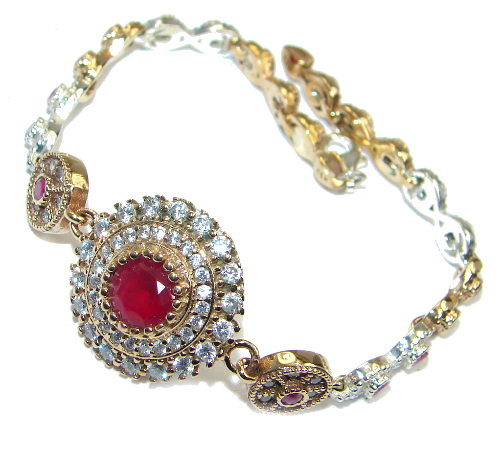 Victorian Style created Ruby & White Topaz copper over Sterling Silver Bracelet