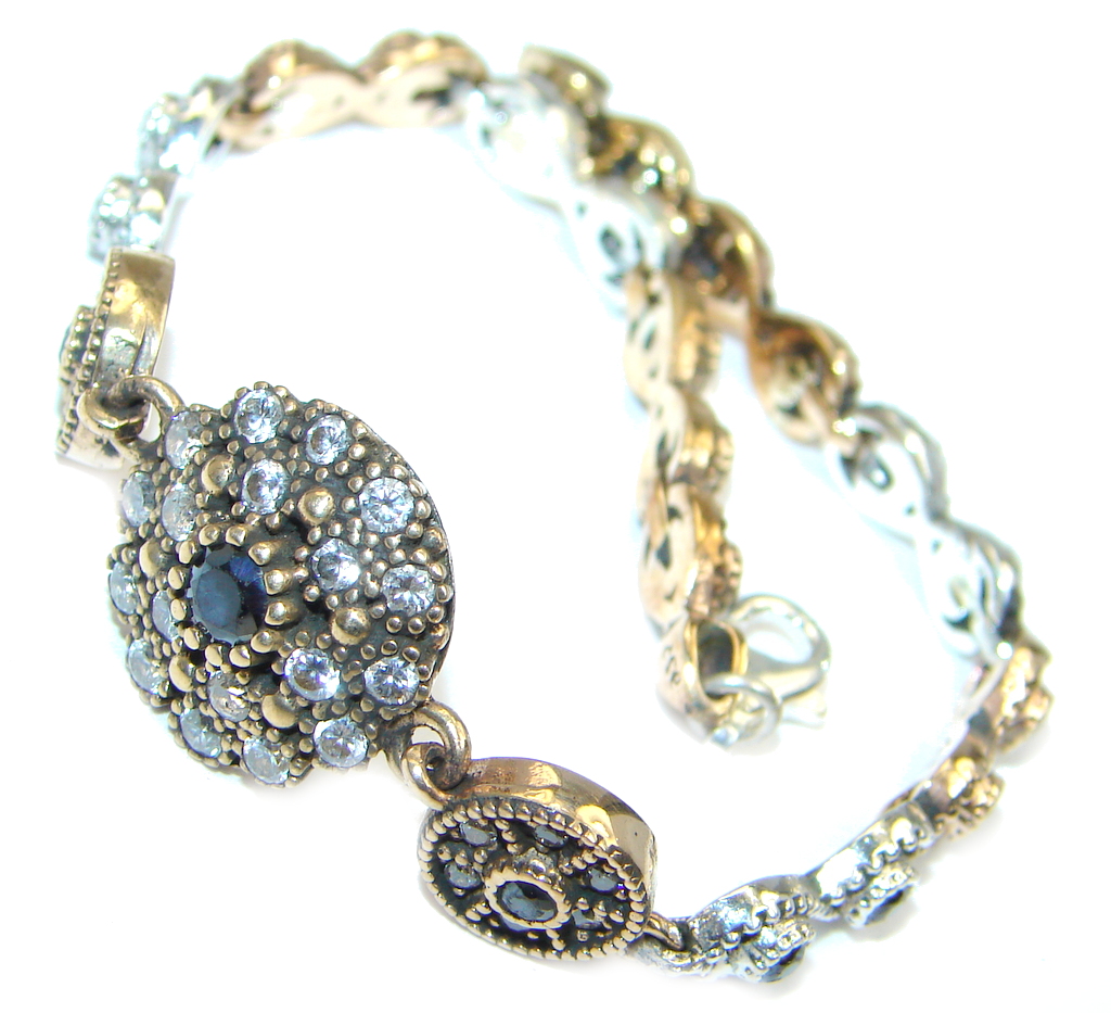 Victorian Style created Sapphire & White Topaz copper over Sterling Silver Bracelet