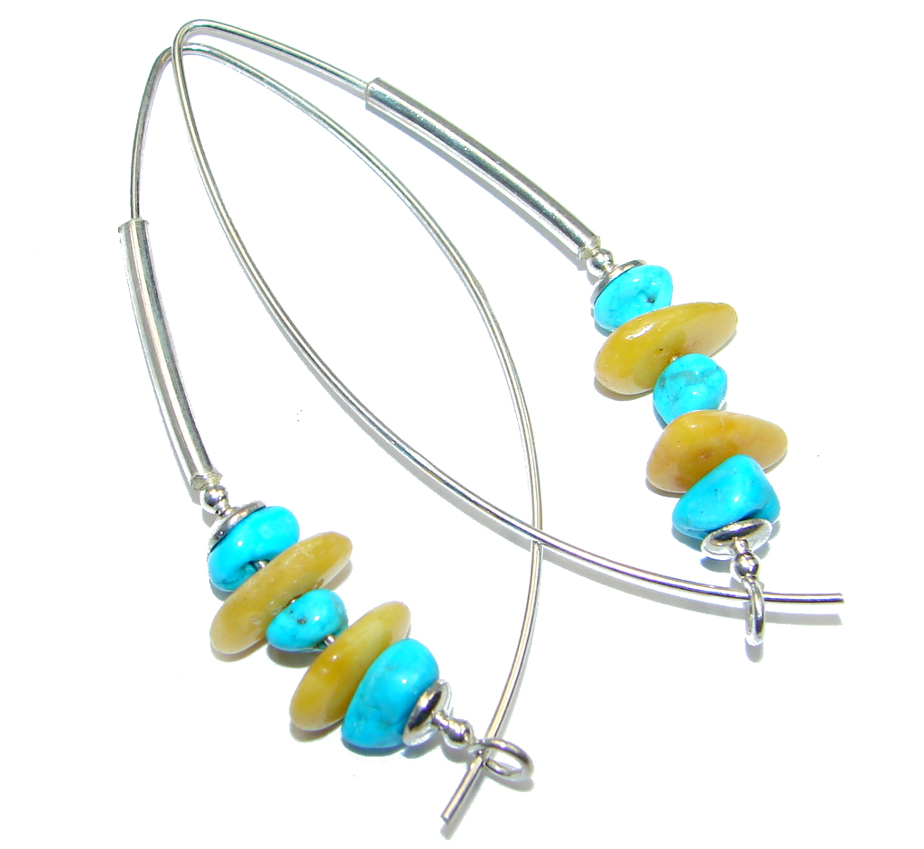 Genuine Long Baltic Polish Amber Sleeping Beauty Turquoise Sterling Silver Earrings