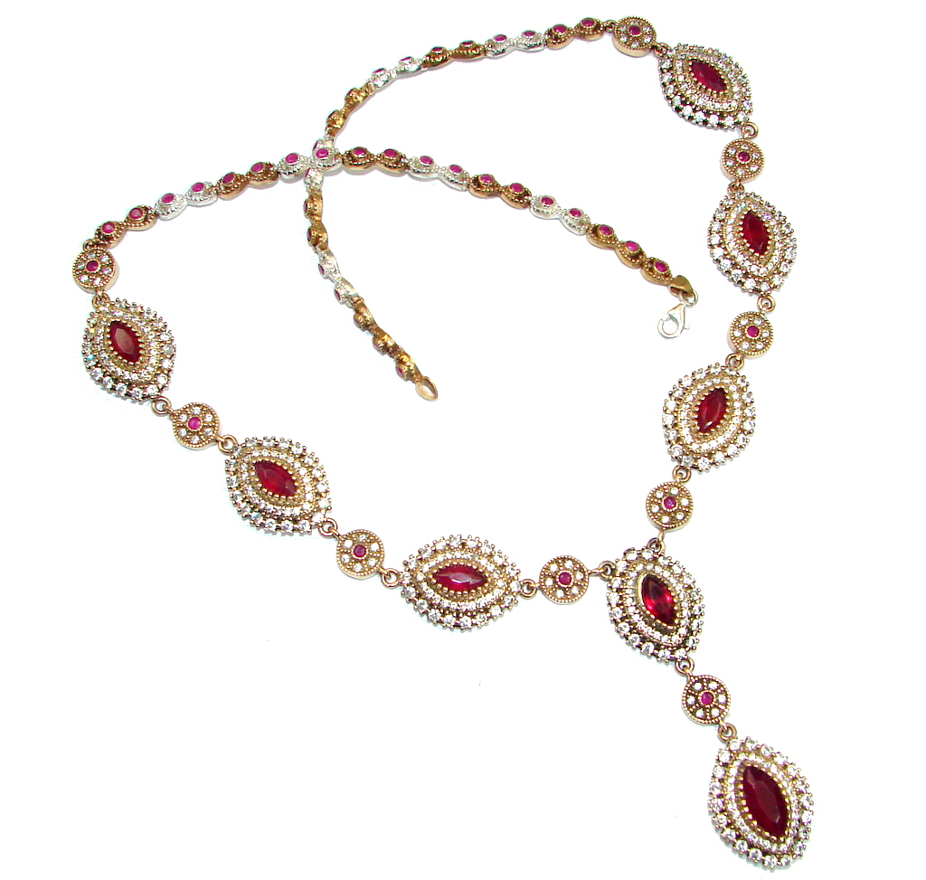 Elegant Victorian Style created Ruby & White Topaz copper over Sterling Silver necklace