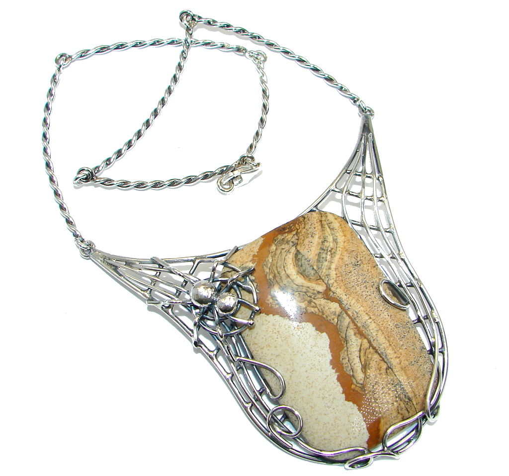 Chunky Spider Handcrafted AAA Picture Jasper Sterling Silver Necklace