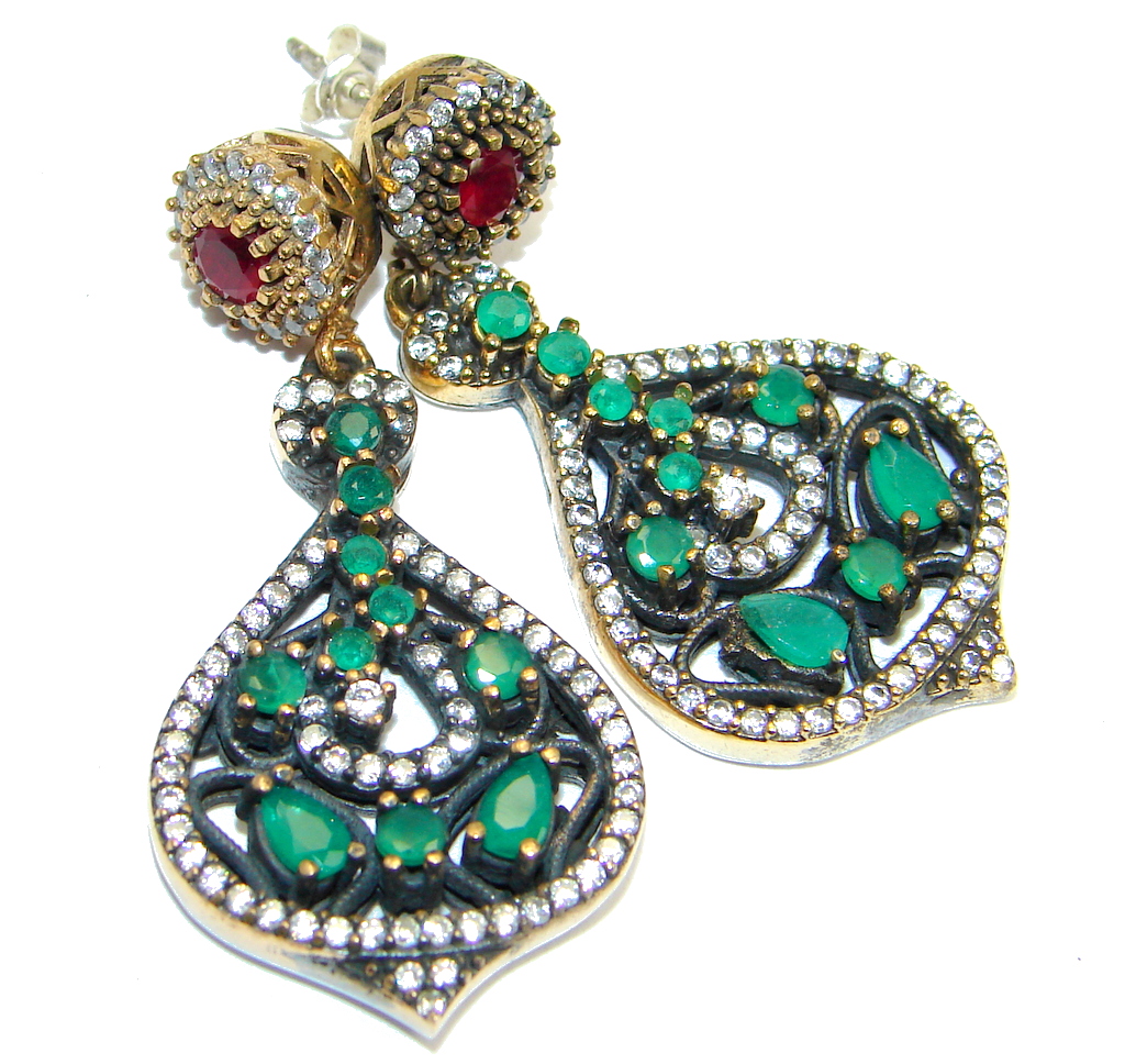 Great Victorian Style created Emerald Ruby Sterling Silver earrings