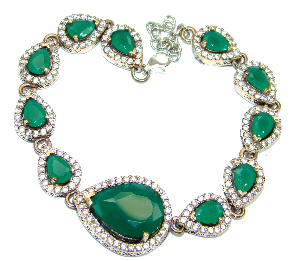 Victorian Style created Emerald & White Topaz Sterling Silver Bracelet / Cuff